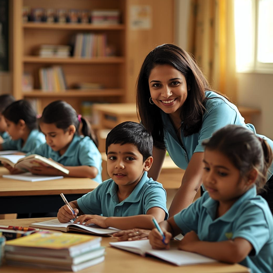 Teacher guiding students at Hummingbird Preschool – structured classroom learning in MCECHS Layout