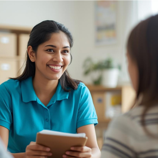 Teacher discussing child progress with parents at Hummingbird Preschool in MCECHS Layout