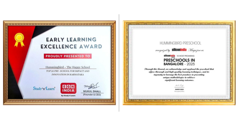 Awards received by Hummingbird Preschool including Early Learning Excellence Award and recognition by Silicon India Magazine among top preschools in Bangalore for quality learning and innovation